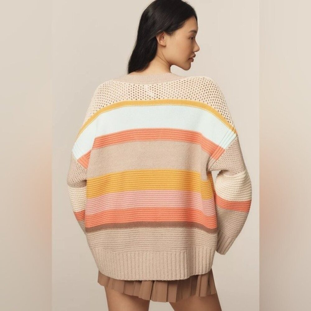 Anthropologie Taupe V-Neck Stripe Sweater with Mint & Orange Accents - Picture 11 of 16
